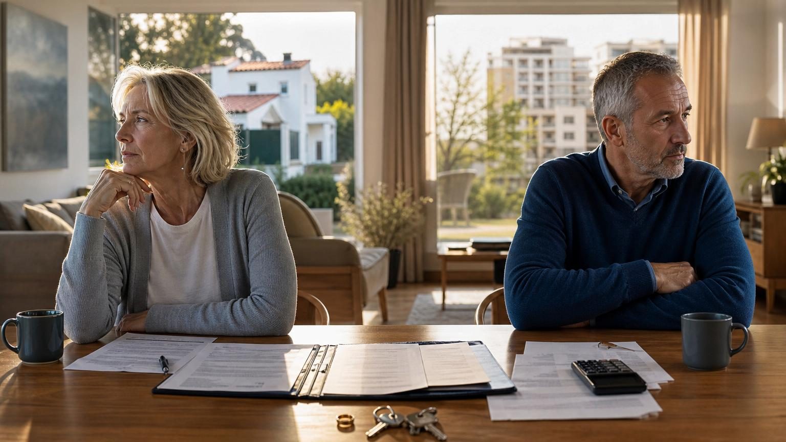 Documents administratifs et calculatrice sur une table, illustrant les démarches de calcul de retraite et patrimoine lors d'un divorce.