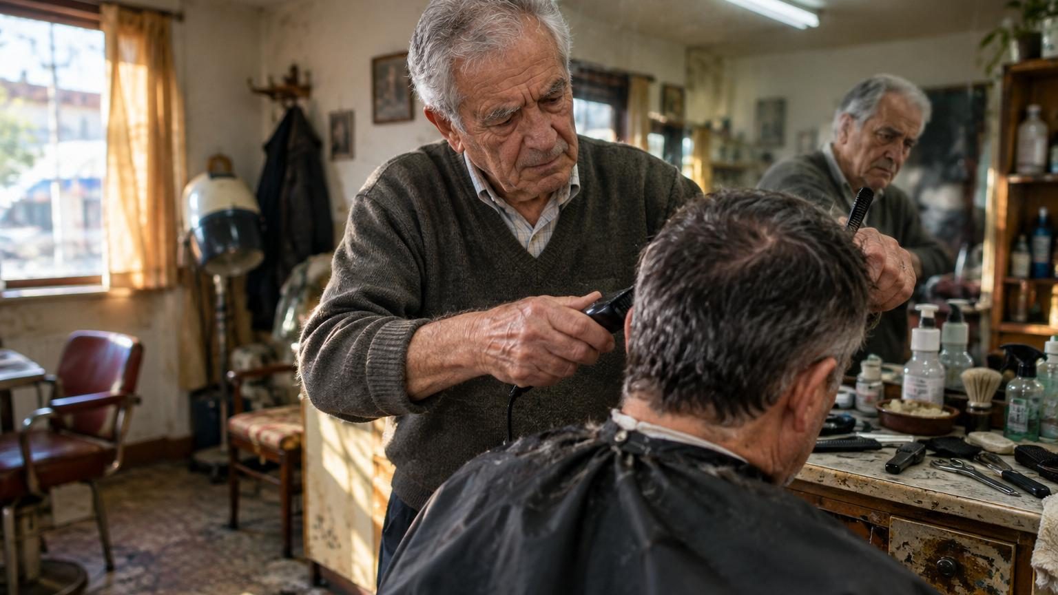 Un coiffeur âgé de 71 ans, Marcel, penché sur un fauteuil dans son petit salon de quartier aux volets jauntis et à la vitrine vibrante, tenant ses ciseaux et son rasoir.