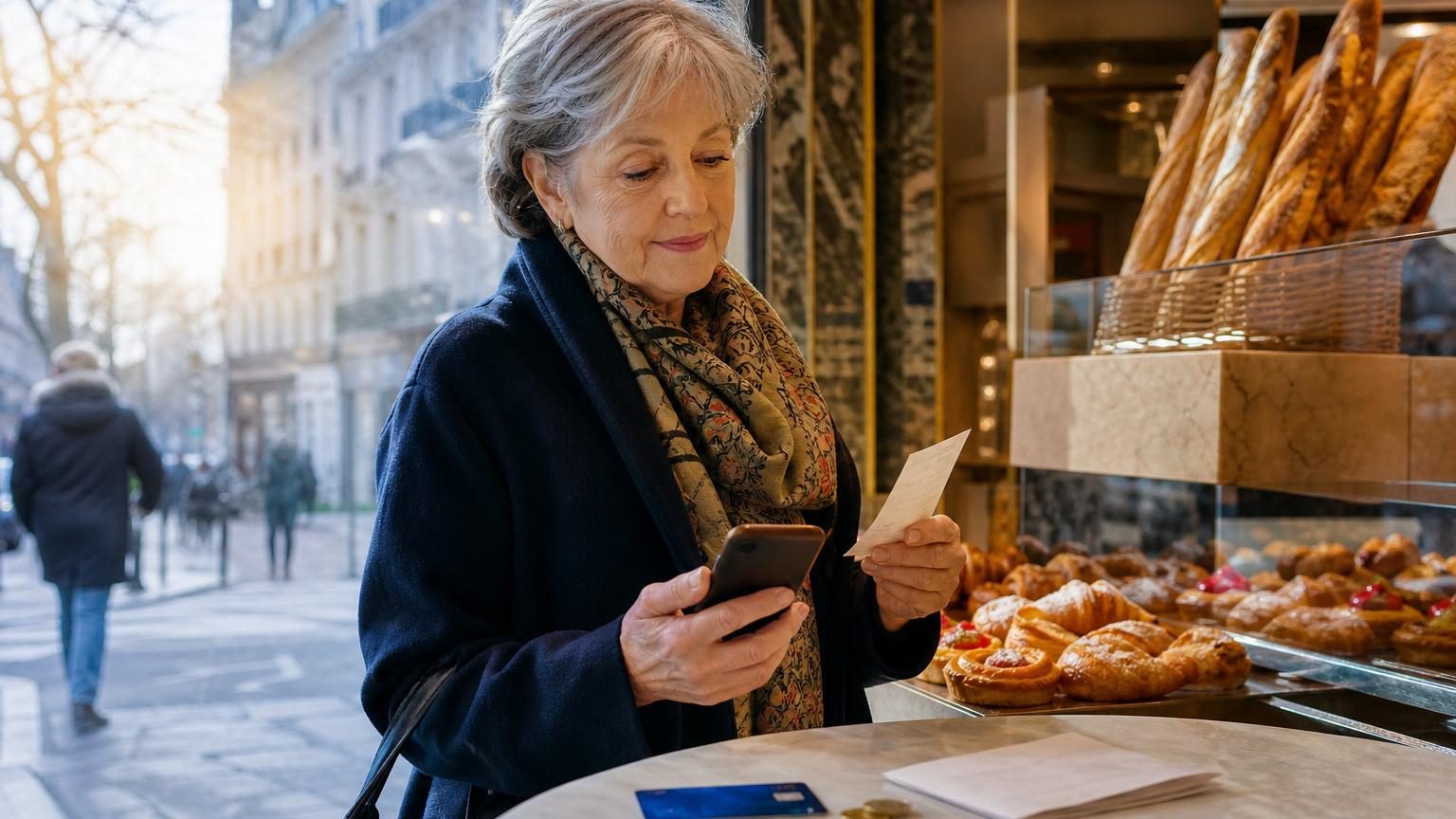 Femme à la caisse d'une boulangerie vérifiant son ticket de retraite, symbolisant le budget quotidien des retraités