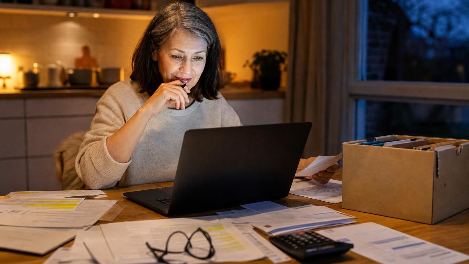 Personne examinant des documents administratifs et un relevé de carrière sur une table pour vérifier ses trimestres de retraite.