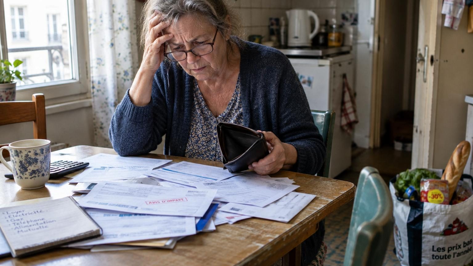 Femme âgée feuilletant son carnet de notes financières devant une tasse de thé, symbolisant le suivi quotidien des dépenses et les préoccupations budgétaires des retraités.
