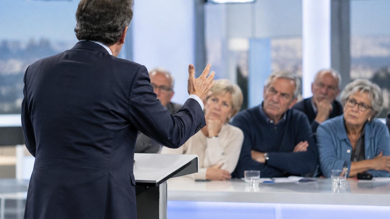 Scène d'un café parisien, tôt le matin, où un retraité secoue la tête devant son verre de rouge tandis qu'une jeune serveuse écoute Roland Lescure exposer ses arguments sur les retraites à 2 000 euros.