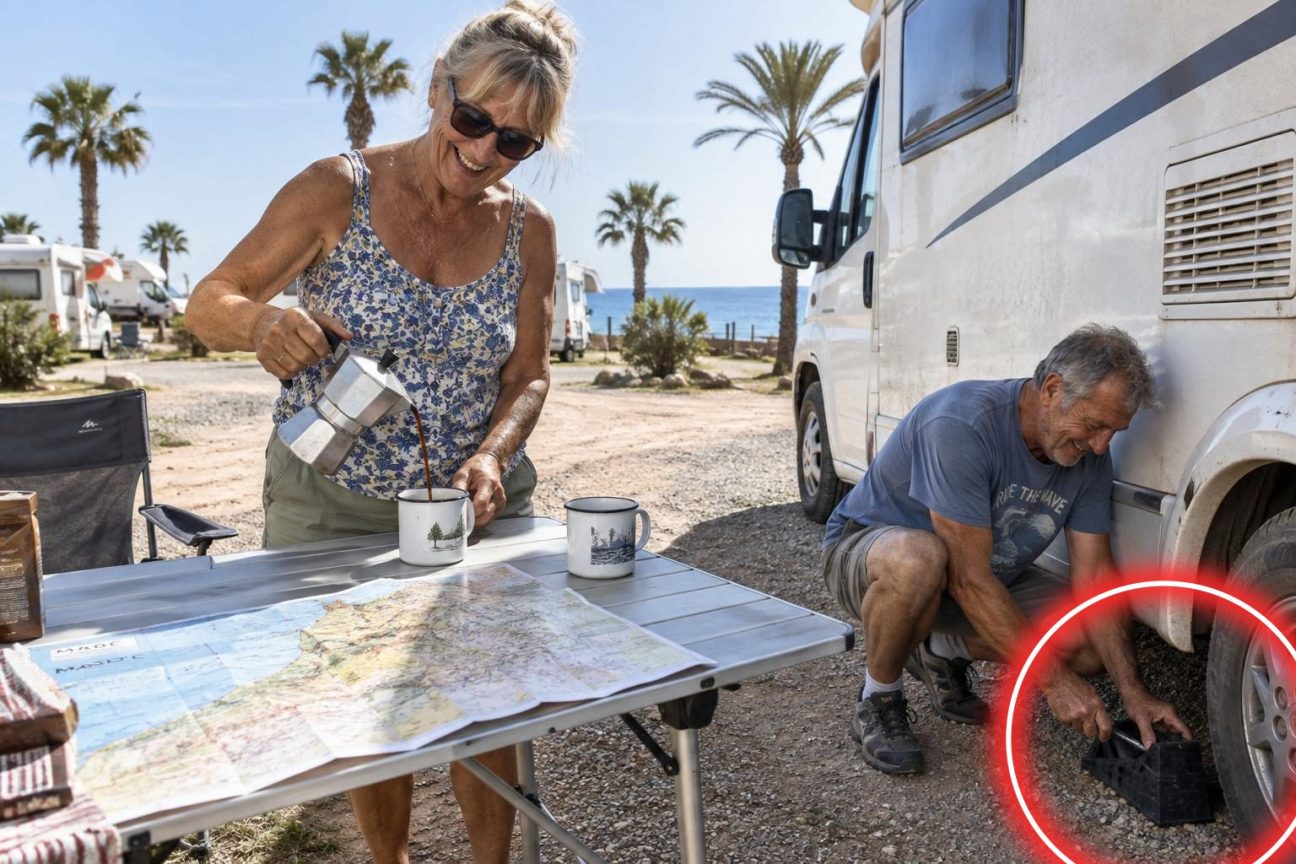 Couple de retraités dans un camping-car blanc garé face à la mer au Maroc, par une journée ensoleillée, avec une carte froissée du Maroc sur le tableau de bord.