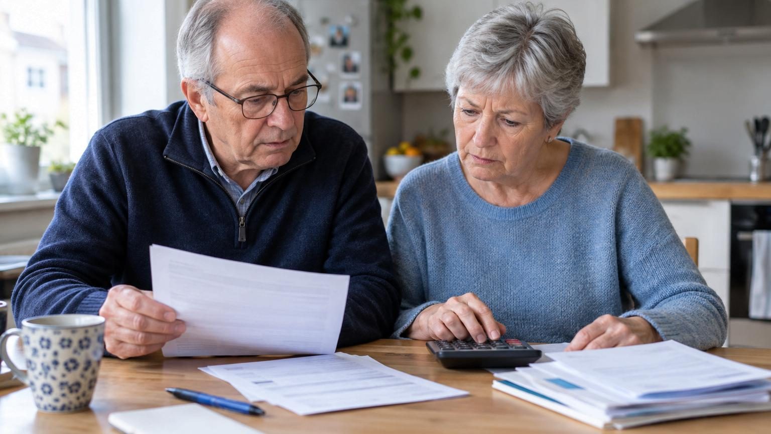 Deux retraités assis, l'un prenant des notes sur un papier, calculant leur budget mensuel face aux nouvelles règles fiscales sur les pensions supérieures à 1 250 euros.