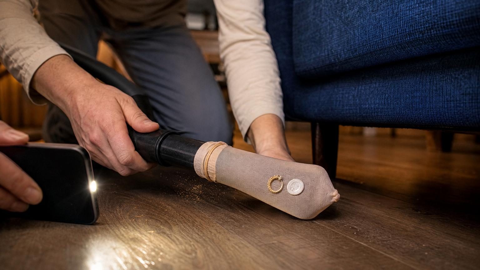 Retrouver un objet tombé sous un meuble : l&rsquo;astuce du collant sur le tube de l&rsquo;aspirateur