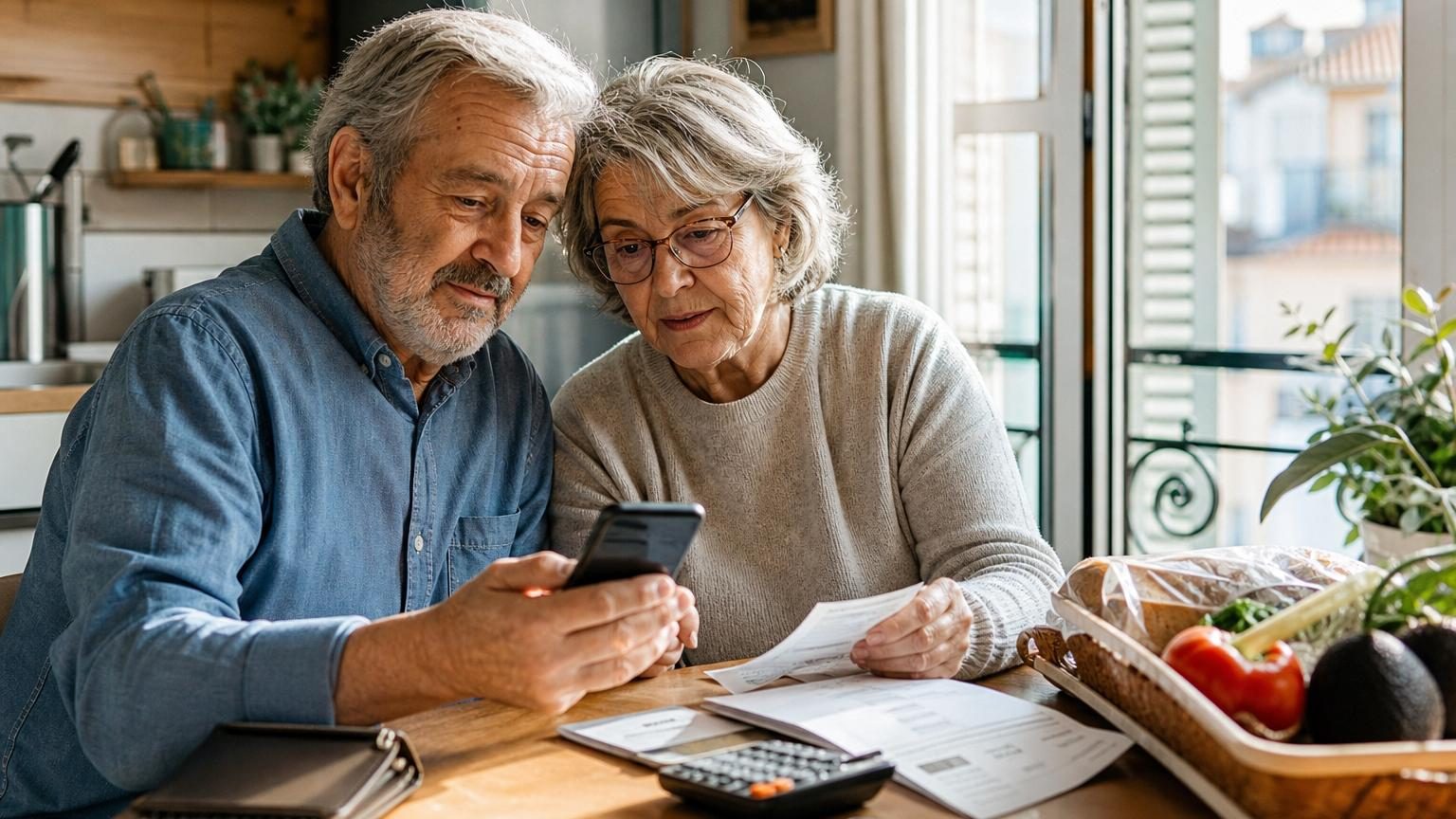 Personne retraitée consultant ses relevés de pension et effectifs de montant versé à côté de son application bancaire pour vérifier l'impact réel de la revalorisation.