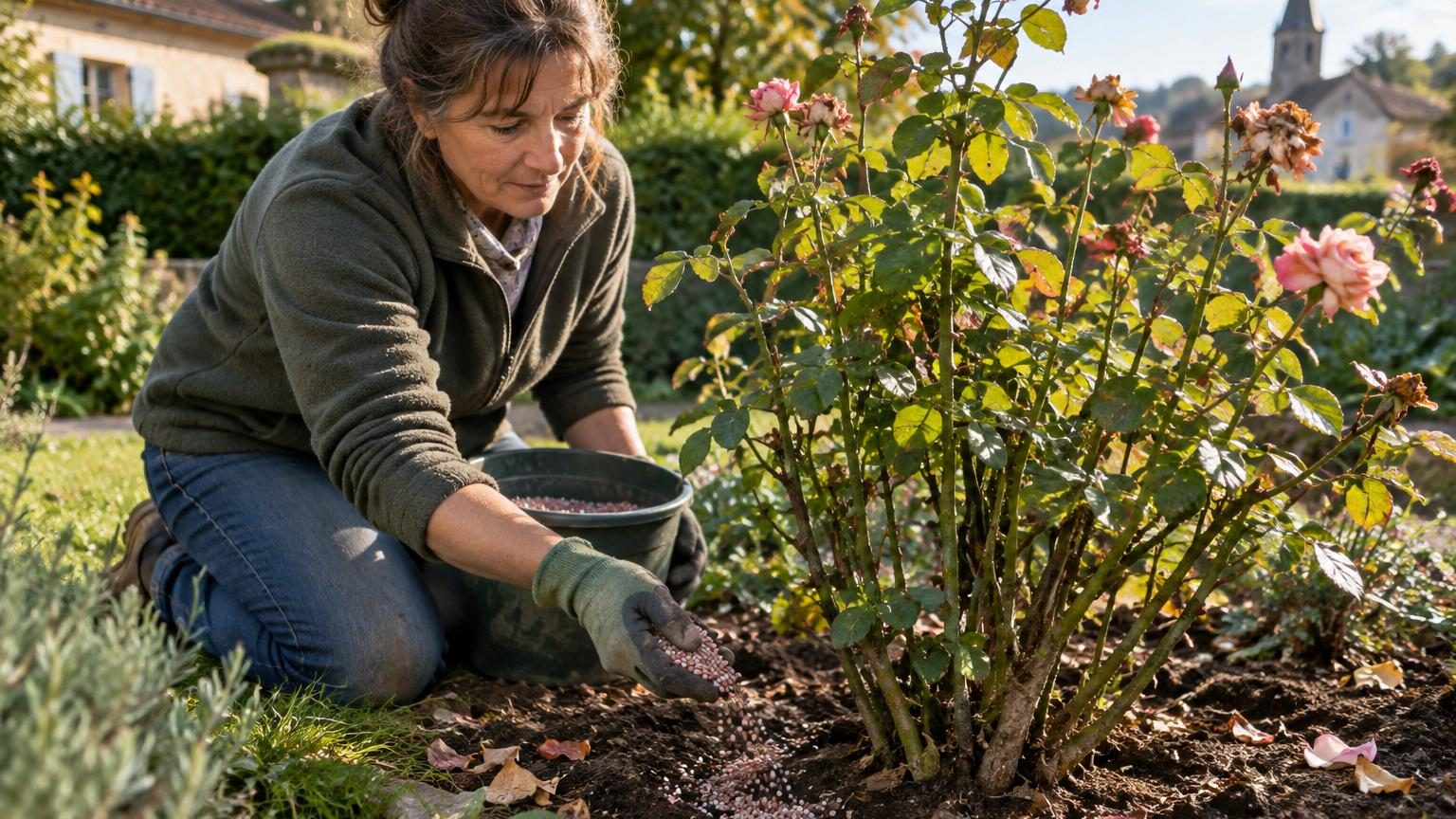 Rosier d'automne aux pétales fanés avec granulés d'engrais phospho-potassique répandus en cercle autour du pied, dans un sol de jardin.