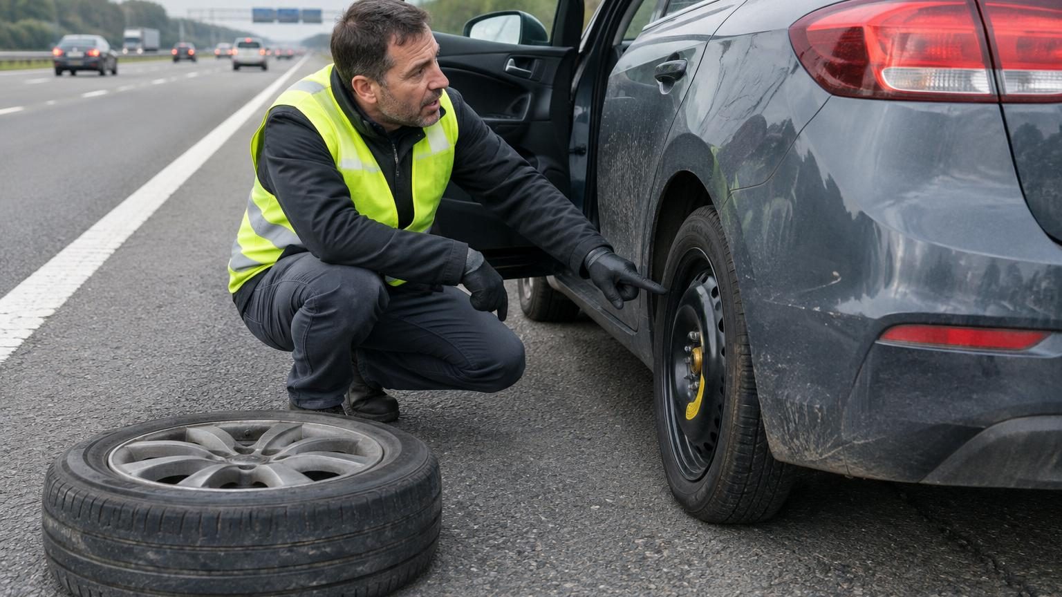 Gros plan sur une roue de secours galette étroite et petite, montée sous une voiture, avec les marquages « TEMPORARY USE ONLY » et « T » visibles sur le flanc.