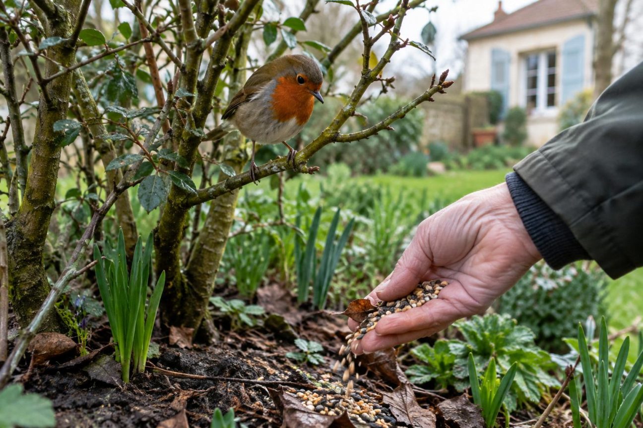 Petit oiseau au plumage roux et gris fouillant dans les feuilles mortes au pied d'un arbuste de jardin