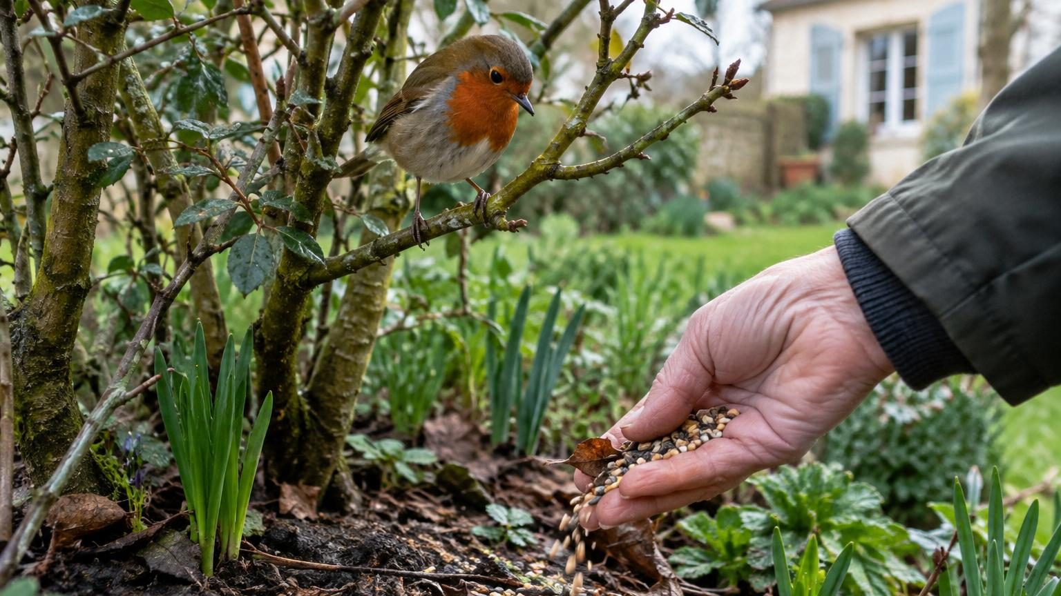 Petit oiseau au plumage roux et gris fouillant dans les feuilles mortes au pied d'un arbuste de jardin