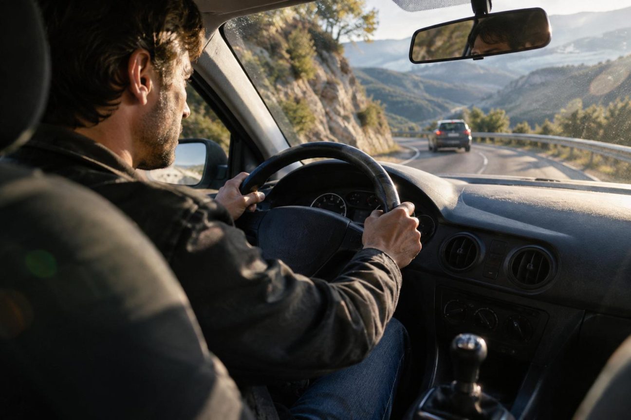 Tableau de bord d'une voiture avec levier de vitesses au point mort en descente, symbolisant les anciennes pratiques de conduite inadaptées aux véhicules modernes.
