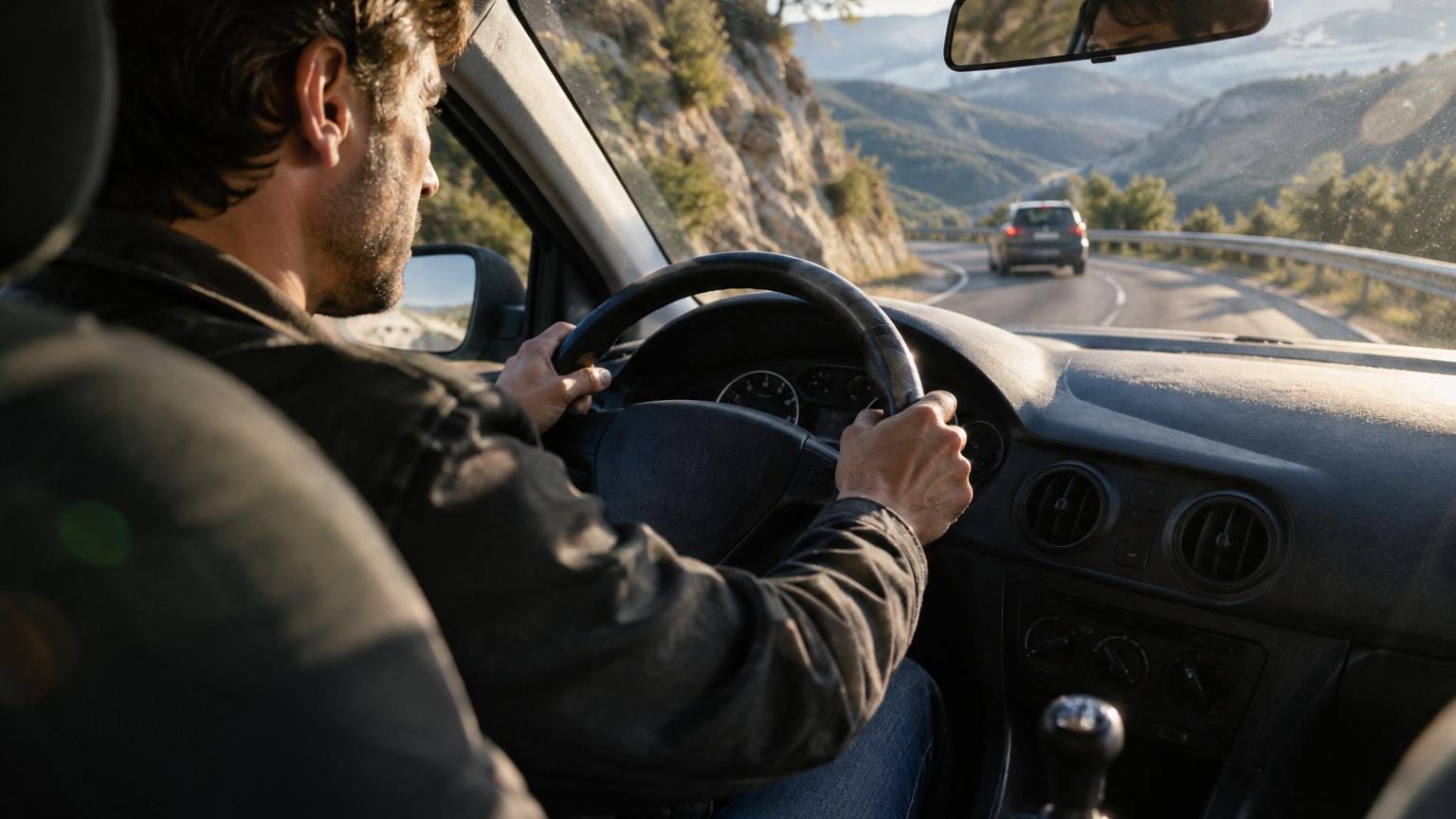 Tableau de bord d'une voiture avec levier de vitesses au point mort en descente, symbolisant les anciennes pratiques de conduite inadaptées aux véhicules modernes.