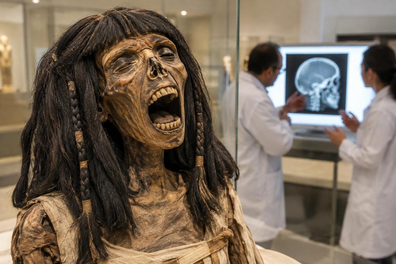 Momie féminine égyptienne aux cheveux teints noirs et à la perruque de fibres de palmier, dont la bouche reste figée grande ouverte depuis plus de 3 500 ans, conservée au Metropolitan Museum of Art.