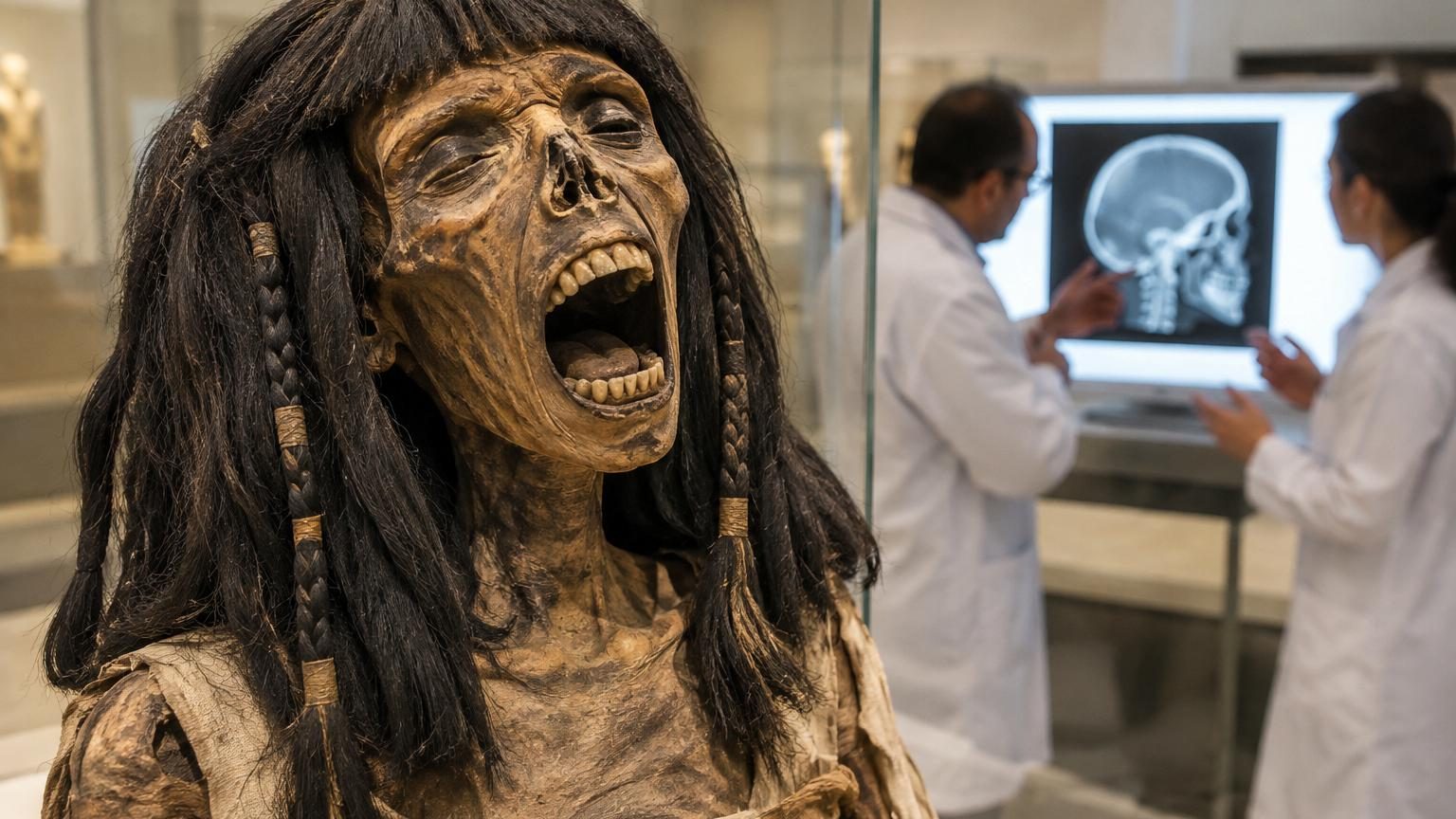 Momie féminine égyptienne aux cheveux teints noirs et à la perruque de fibres de palmier, dont la bouche reste figée grande ouverte depuis plus de 3 500 ans, conservée au Metropolitan Museum of Art.