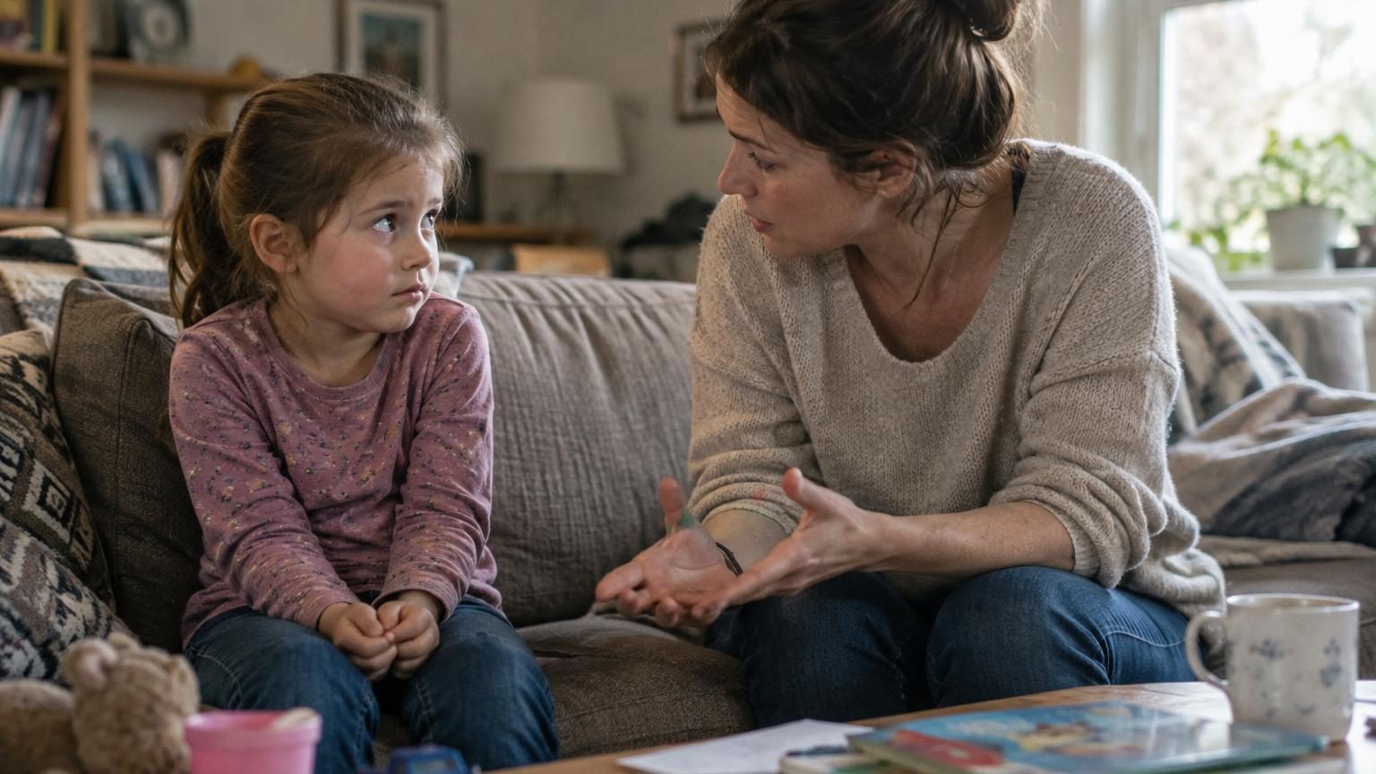 Petite fille riant aux éclats, main devant la bouche, dans un salon familial lumineux.