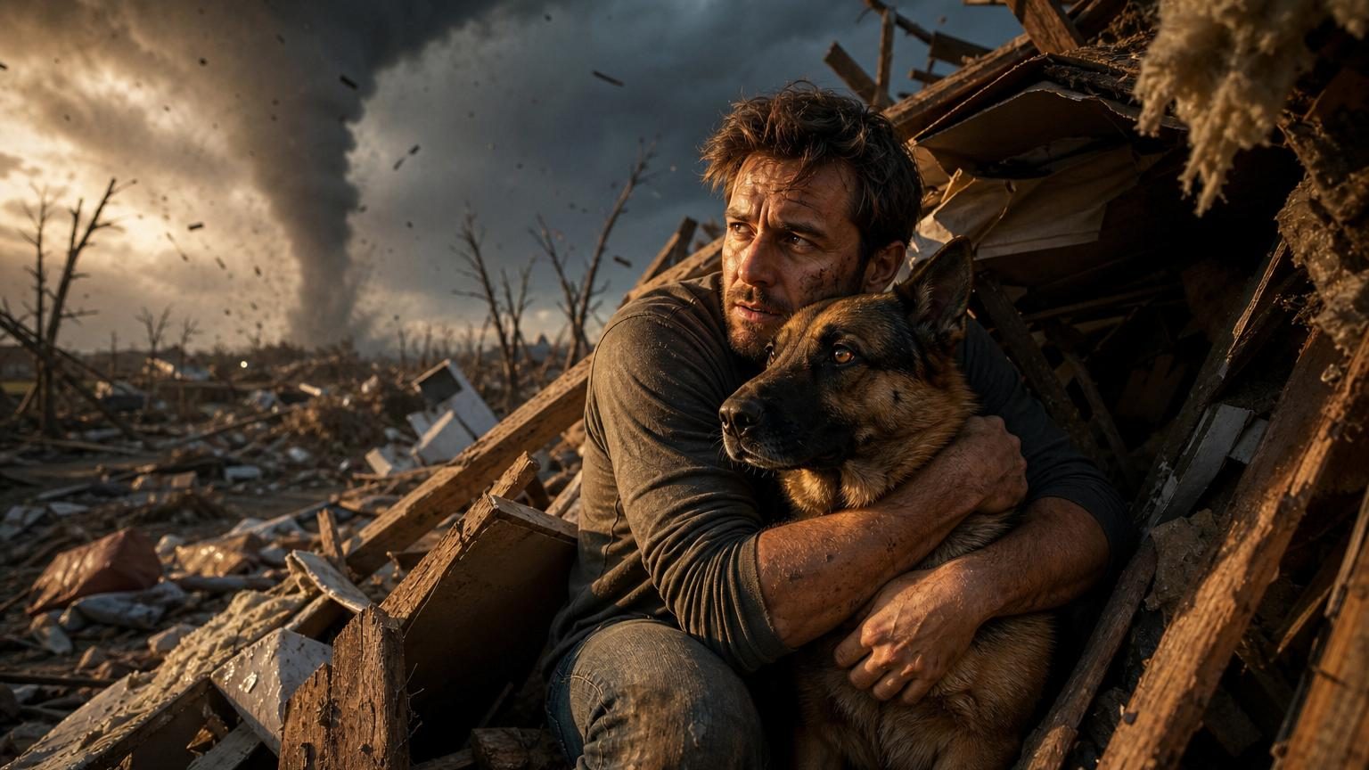 Un homme serrant son Berger Allemand contre lui au milieu des débris de sa maison détruite par une tornade, symbole de survie et de lien humain-animal face à la catastrophe.
