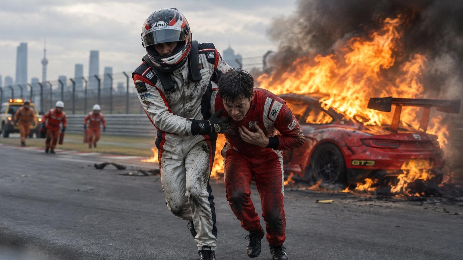 Un pilote néerlandais court vers une Ferrari en flammes sur le circuit de Shanghai pour secourir son concurrent britannique piégé dans l'habitacle