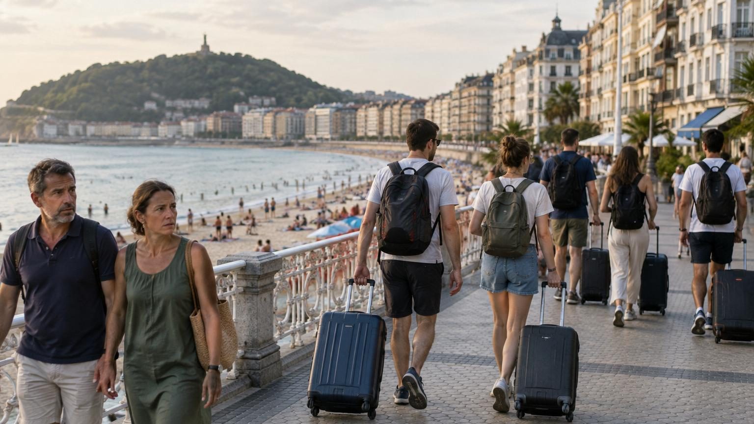 Vue panoramique de Saint-Sébastien ou Bilbao au Pays basque espagnol, avec monuments touristiques et plages urbaines saturées de visiteurs pendant la haute saison estivale.
