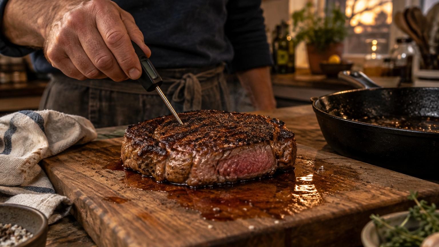 Un steak en cours de saisie dans une poêle chaude, croûte brune marquée, surface caramélisée avec vapeur s'échappant.