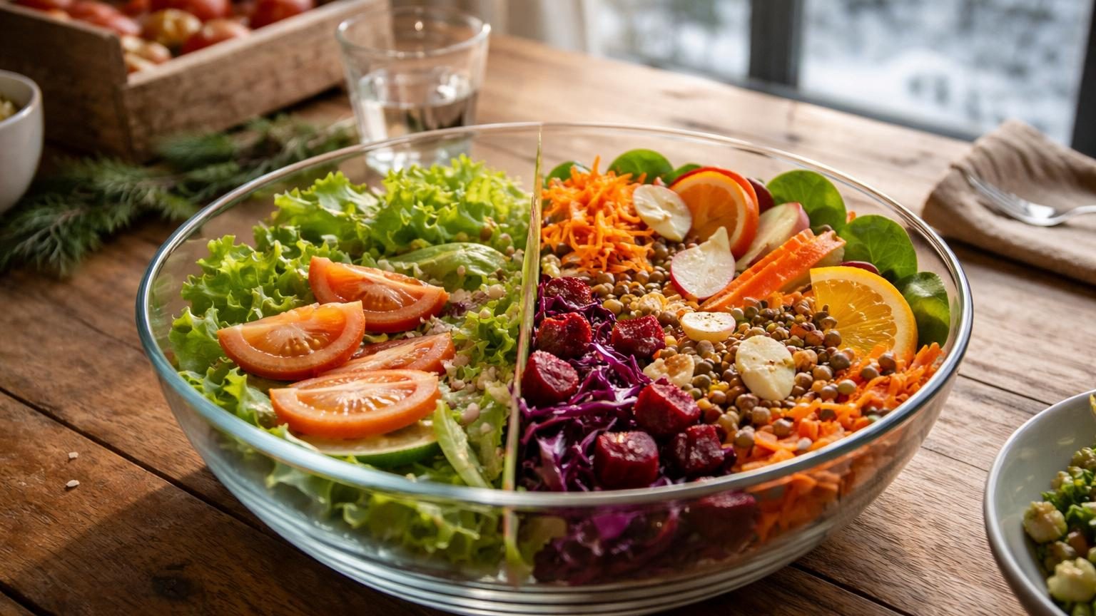 Salade d'hiver composée de carottes râpées, betteraves, chou rouge et autres légumes de saison colorés, sans tomate.