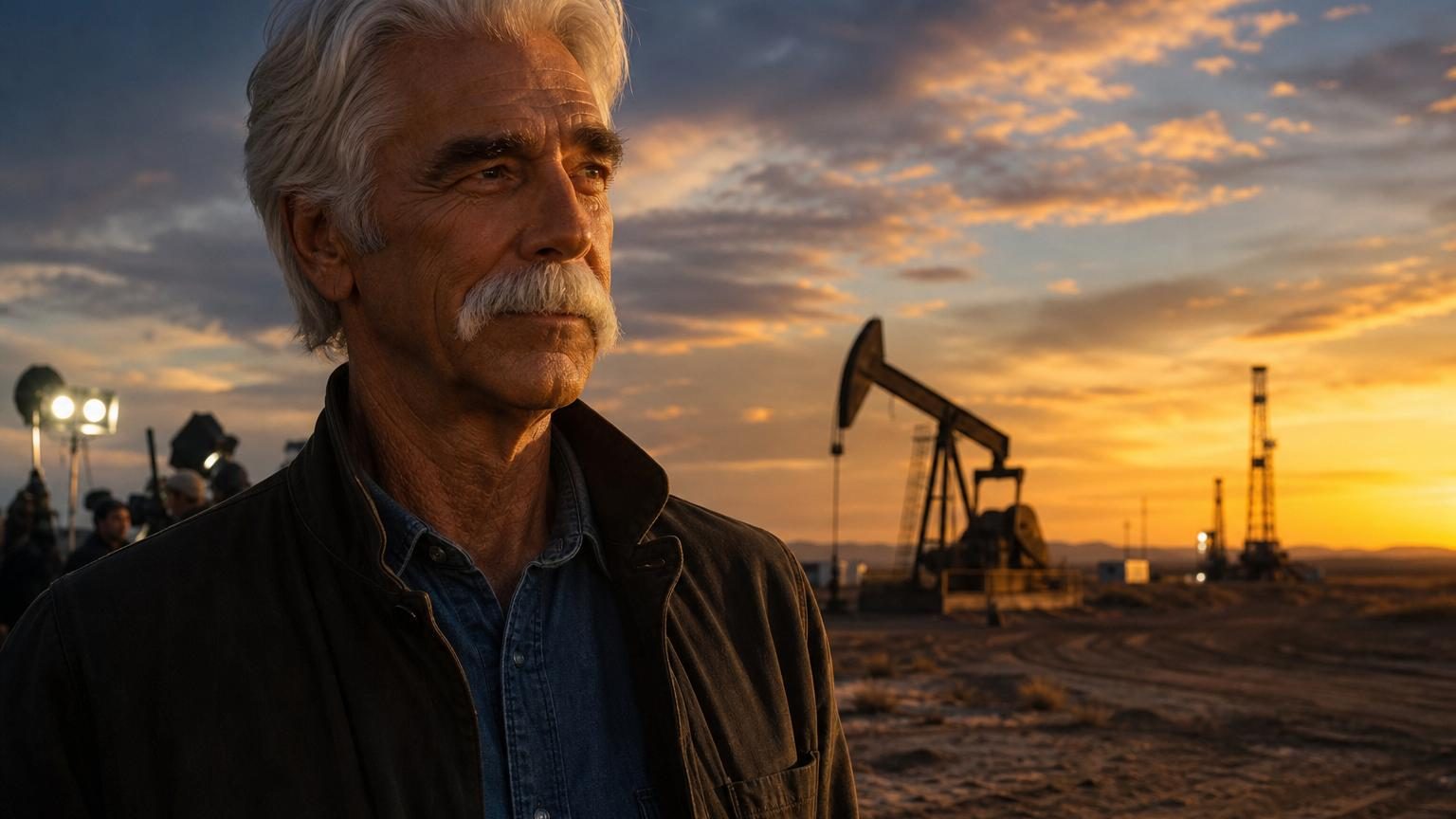 Portrait de Sam Elliott, acteur américain aux traits caractéristiques: moustache distinctive et présence imposante de cow-boy moderne, dans une posture reflétant son expérience et son autorité naturelle.