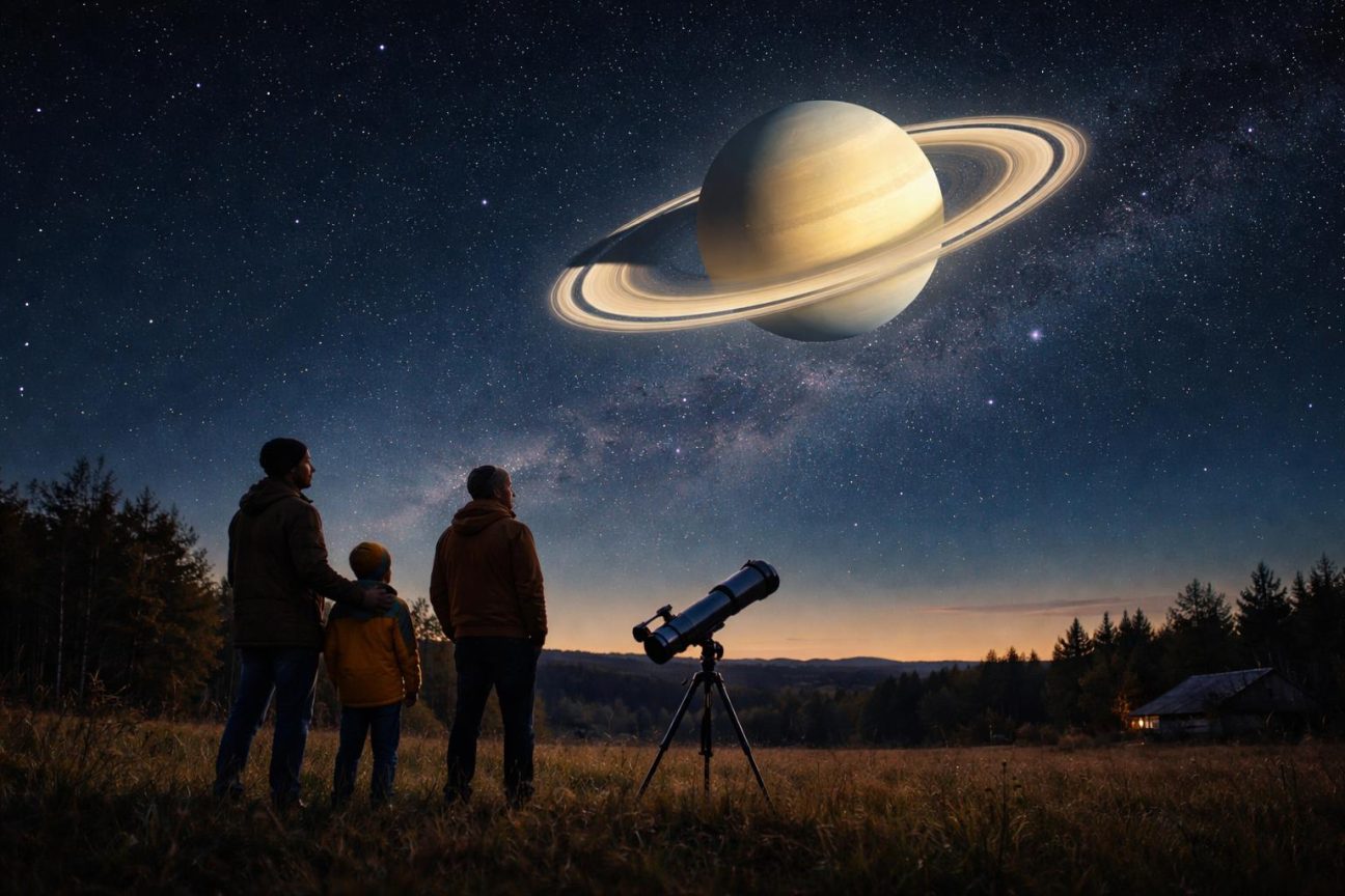 Saturne brillante dans le ciel nocturne avec ses anneaux visibles en détail, logée entre les constellations des Poissons et de la Baleine.