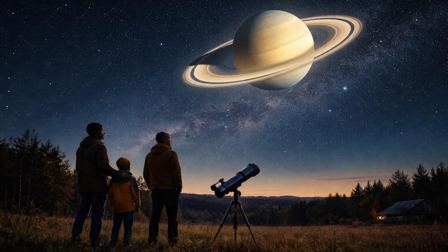 Saturne brillante dans le ciel nocturne avec ses anneaux visibles en détail, logée entre les constellations des Poissons et de la Baleine.