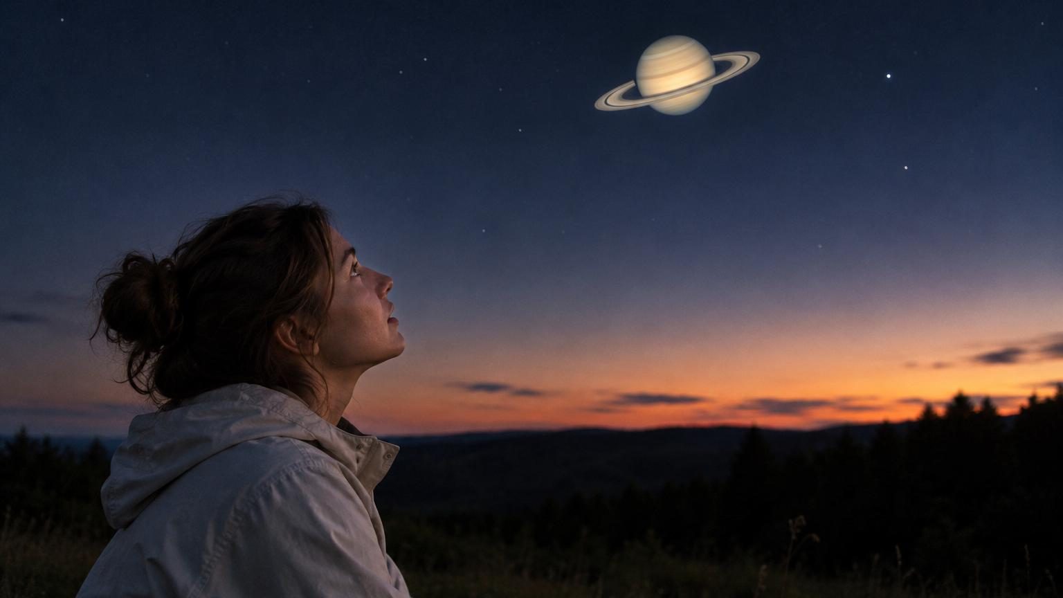 Saturne vue à travers un télescope montrant clairement son disque jaune pâle entouré de ses anneaux lumineux bien définis, avec l'espace étoilé en arrière-plan.