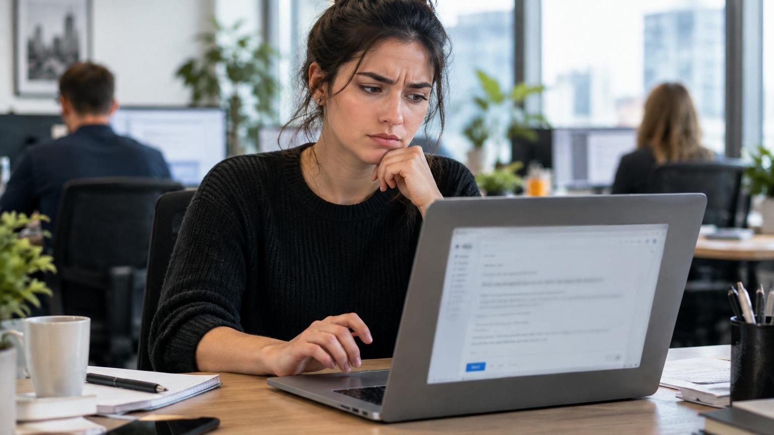 Personne travaillant sur un ordinateur portable, relisant un e-mail professionnel avec une expression critique
