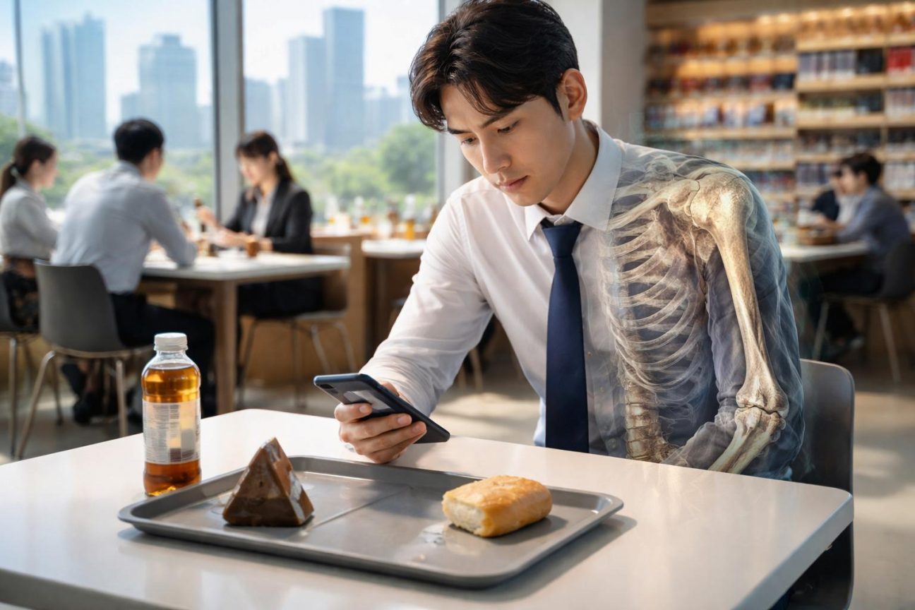 Employé de bureau coréen examinant un menu en terasse, réfléchissant au prix de son déjeuner dans un quartier d'affaires de Séoul.