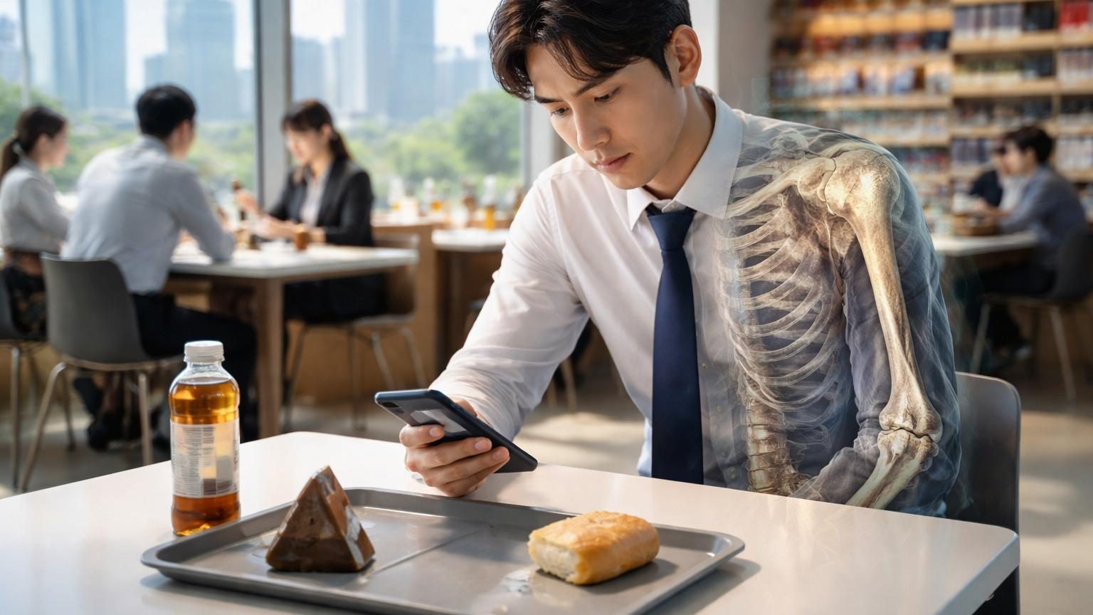 Employé de bureau coréen examinant un menu en terasse, réfléchissant au prix de son déjeuner dans un quartier d'affaires de Séoul.