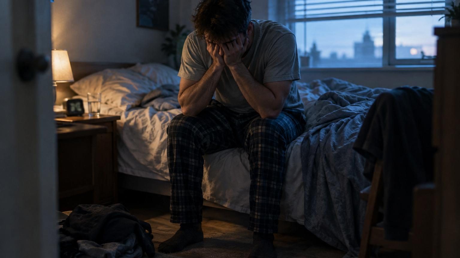 Personne allongée au lit dans l'obscurité, regardant le plafond avec une expression de fatigue, illustrant les troubles du sommeil liés au décalage horaire social