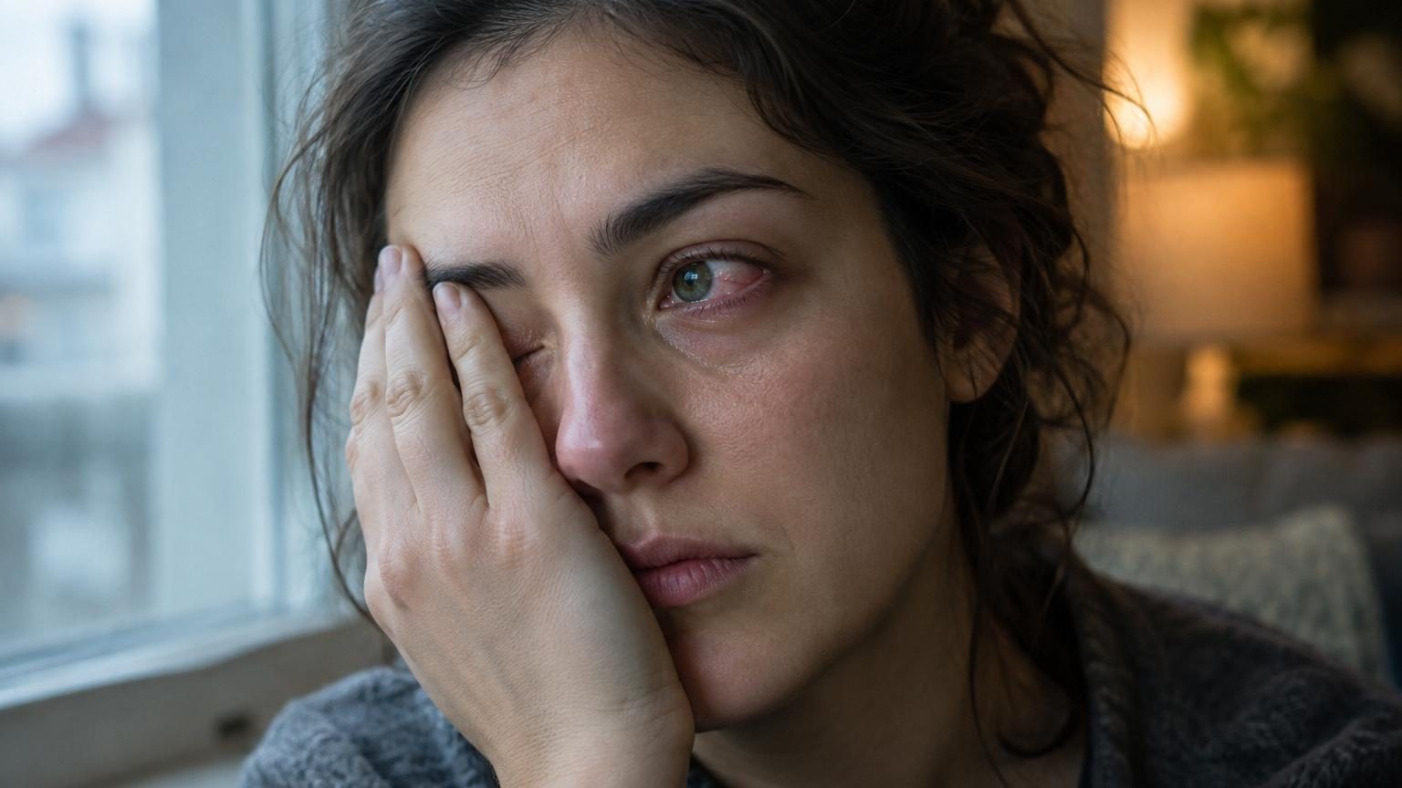 Gros plan sur un œil ouvert avec une main s'approchant pour se frotter la paupière, illustrant le réflexe du frottement oculaire quotidien.