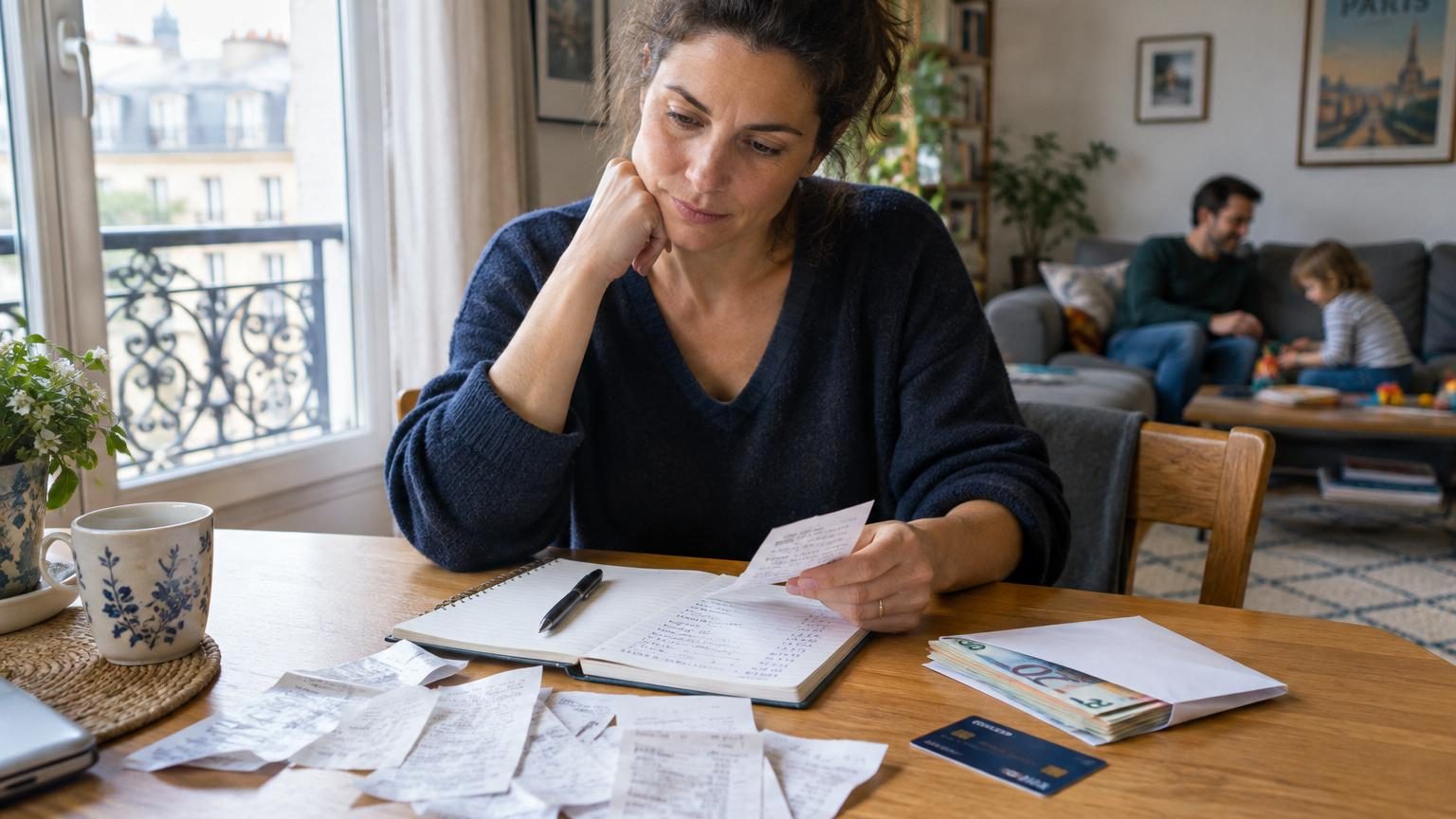 Personne observant son téléphone avec une expression de tension, symbolisant l'anxiété et l'insécurité liée à la consultation répétée du compte bancaire.