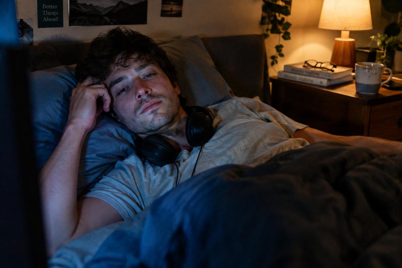 Chambre sombre avec personne allongée au lit, une lampe de chevet et un écran de télévision diffusant une lueur bleue à distance.
