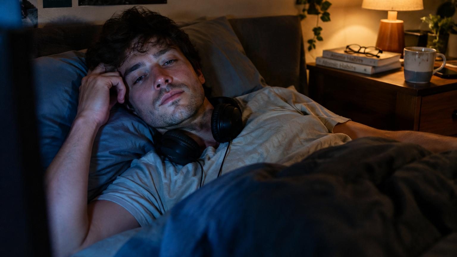 Chambre sombre avec personne allongée au lit, une lampe de chevet et un écran de télévision diffusant une lueur bleue à distance.