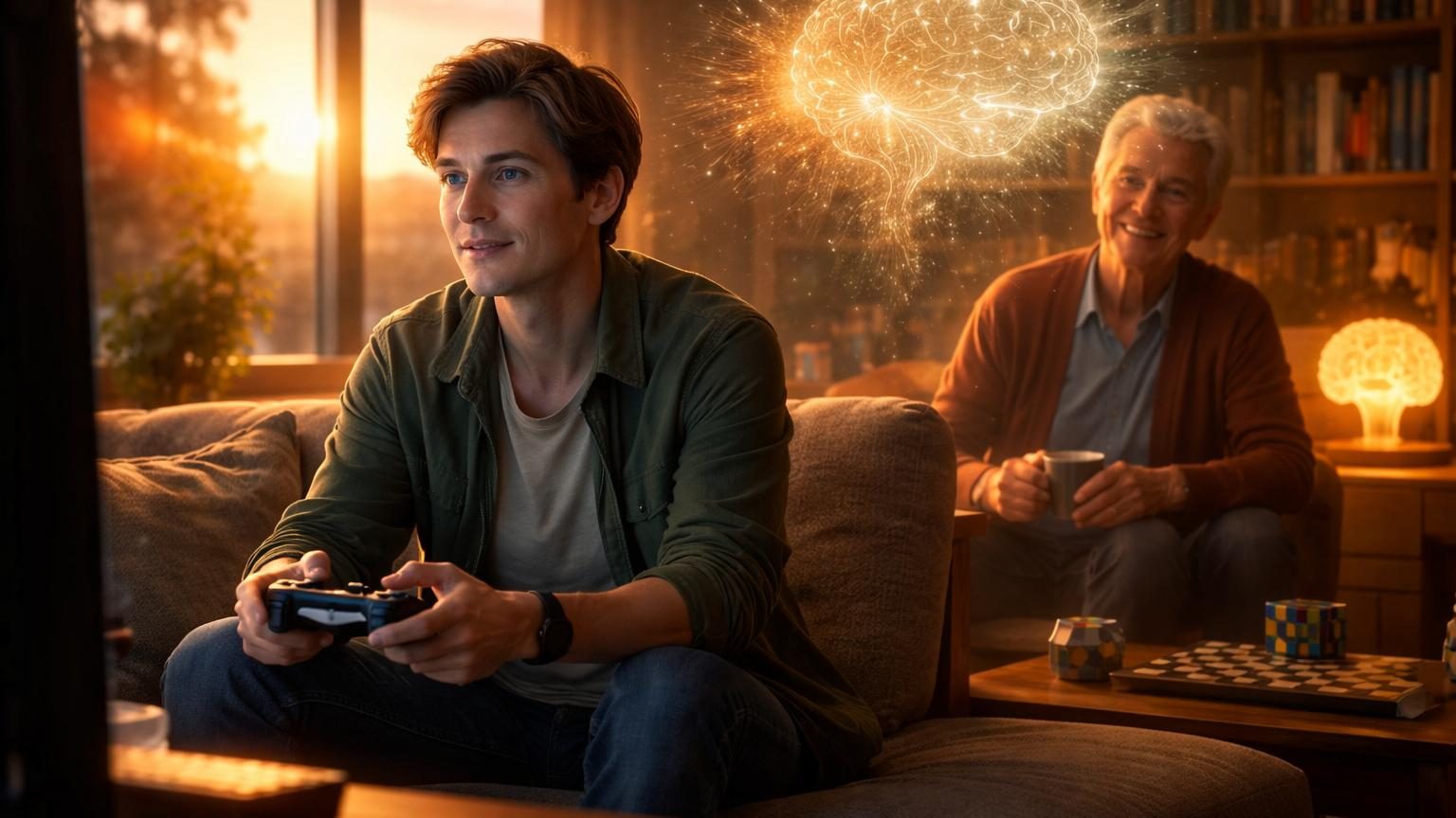 Un adulte trentenaire jouant à un jeu vidéo sur un écran, symbolisant la construction progressive d'une réserve cognitive pour le vieillissement futur.