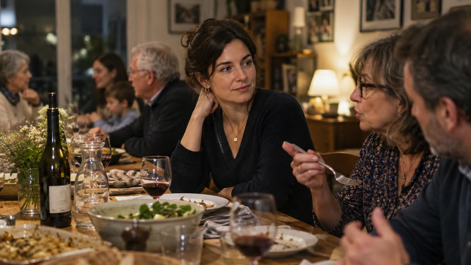 Famille réunie autour d'une table de repas, échangeant dans une atmosphère sereine et respectueuse, avec des sourires discrets et une écoute bienveillante.