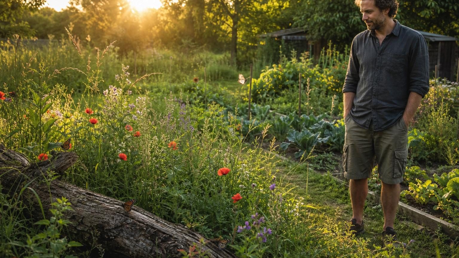 Coin d'un jardin avec herbes hautes, fleurs sauvages et bois mort créant un refuge naturel pour les insectes, contraste avec les zones ordonnées du jardin.