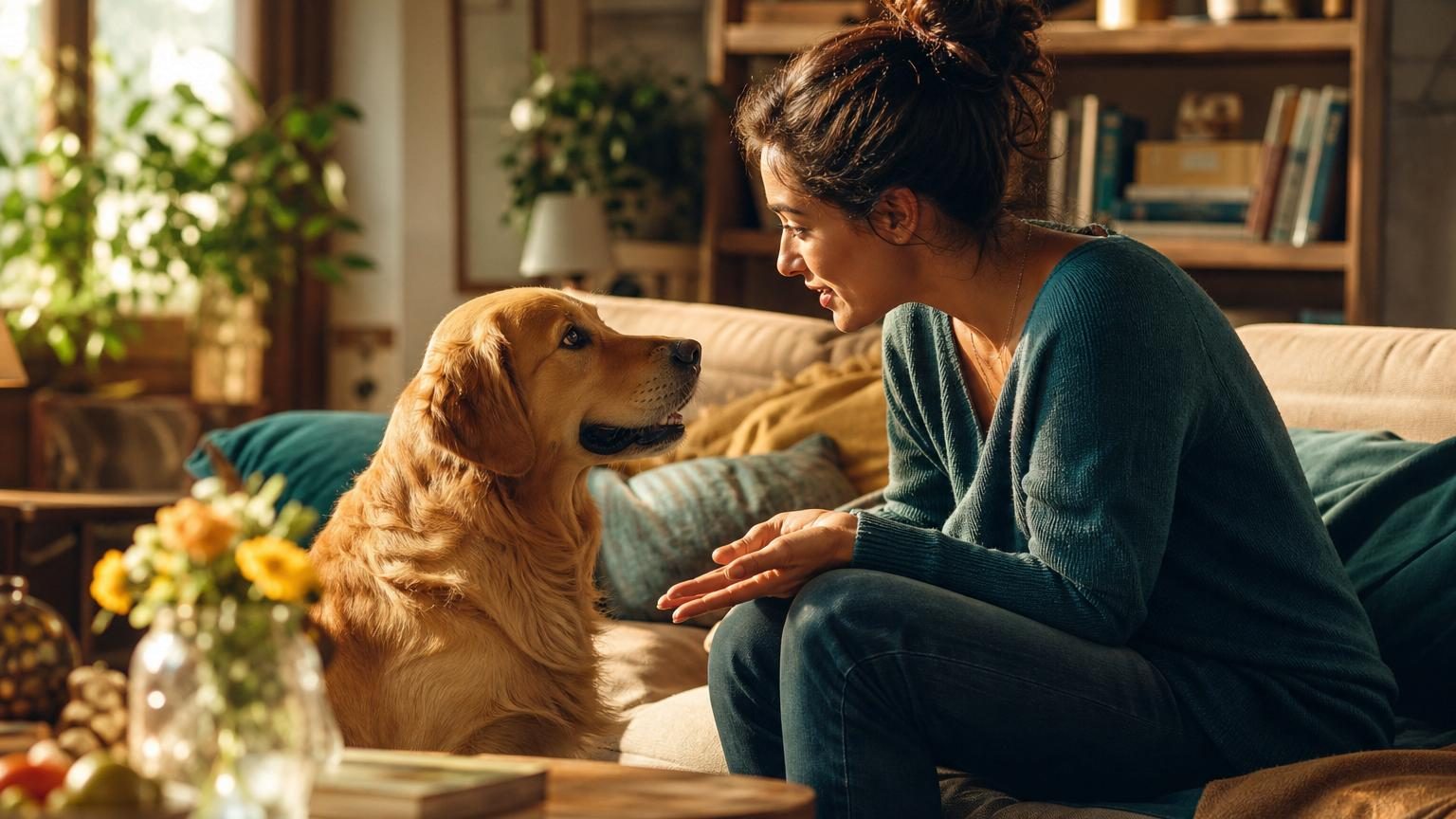 Une femme souriante parle affectueusement à son golden retriever attentif dans un environnement domestique chaleureux.