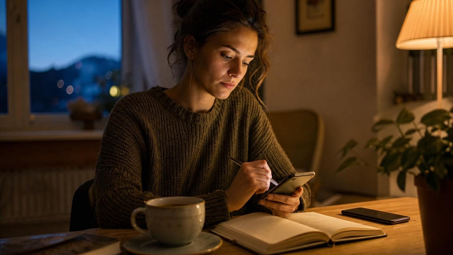 Illustration d'une personne regardant son téléphone avec une bulle de réflexion, symbolisant la réflexion avant de répondre à un message personnellement important.