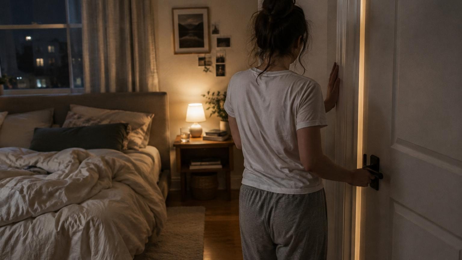 Chambre à coucher lumineuse avec porte partiellement fermée, lit confortable au premier plan et lumière douce filtrant par la porte, symbolisant sécurité et repos.