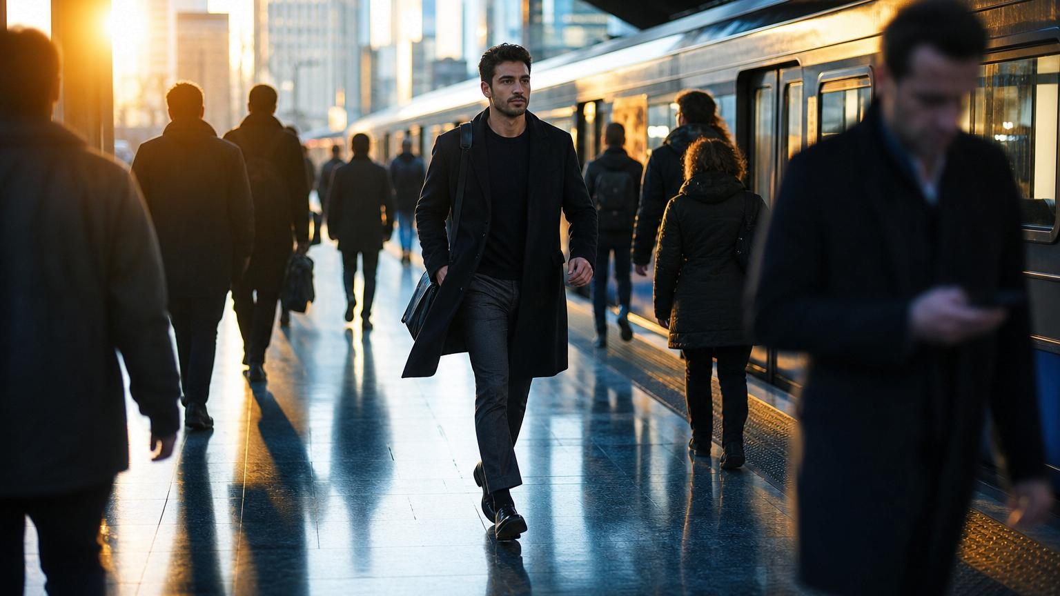 Silhouette d'une personne marchant d'un pas décidé sur un quai, symbolisant la rapidité et la détermination du mouvement au quotidien.