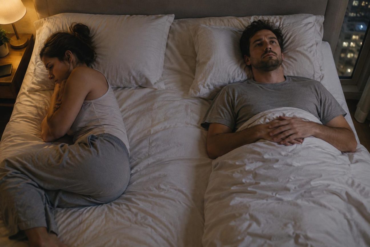 Couple endormi dans un lit, se tenant la main avec tendresse, illustrant l'intimité physique nocturne et la proximité affective.