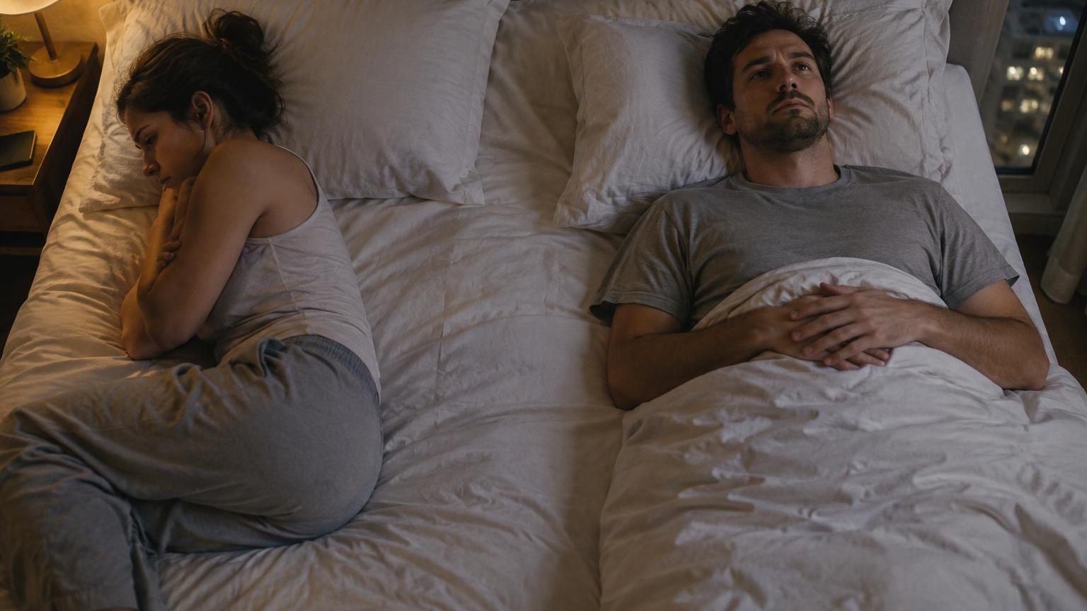 Couple endormi dans un lit, se tenant la main avec tendresse, illustrant l'intimité physique nocturne et la proximité affective.
