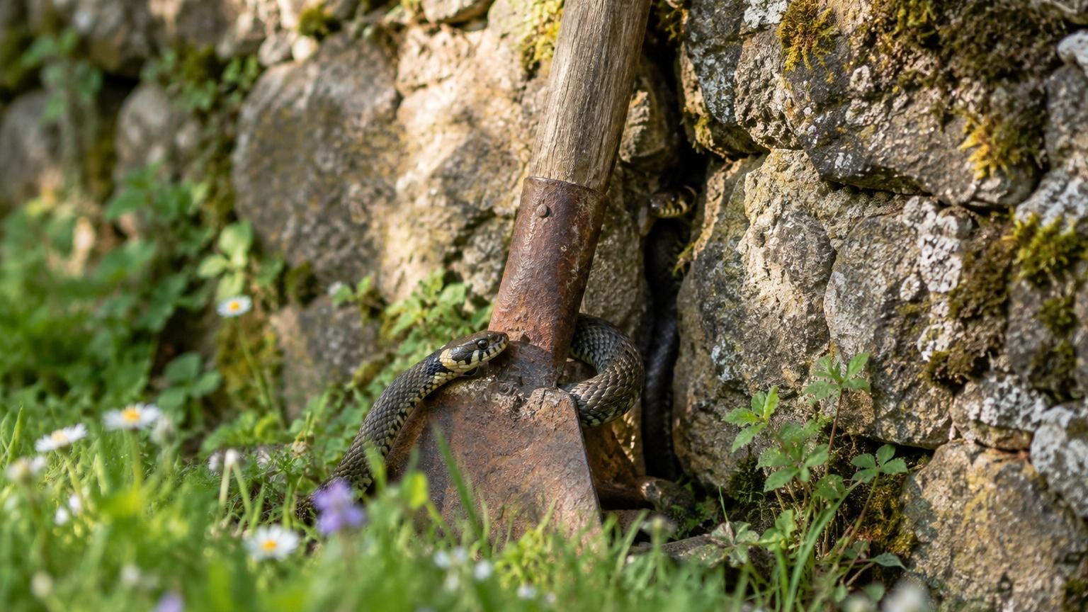 Un vieux outil de jardinage métallique appuyé contre un mur de pierre, partiellement recouvert de feuilles sèches, créant une crevasse sombre où des serpents peuvent se cacher.