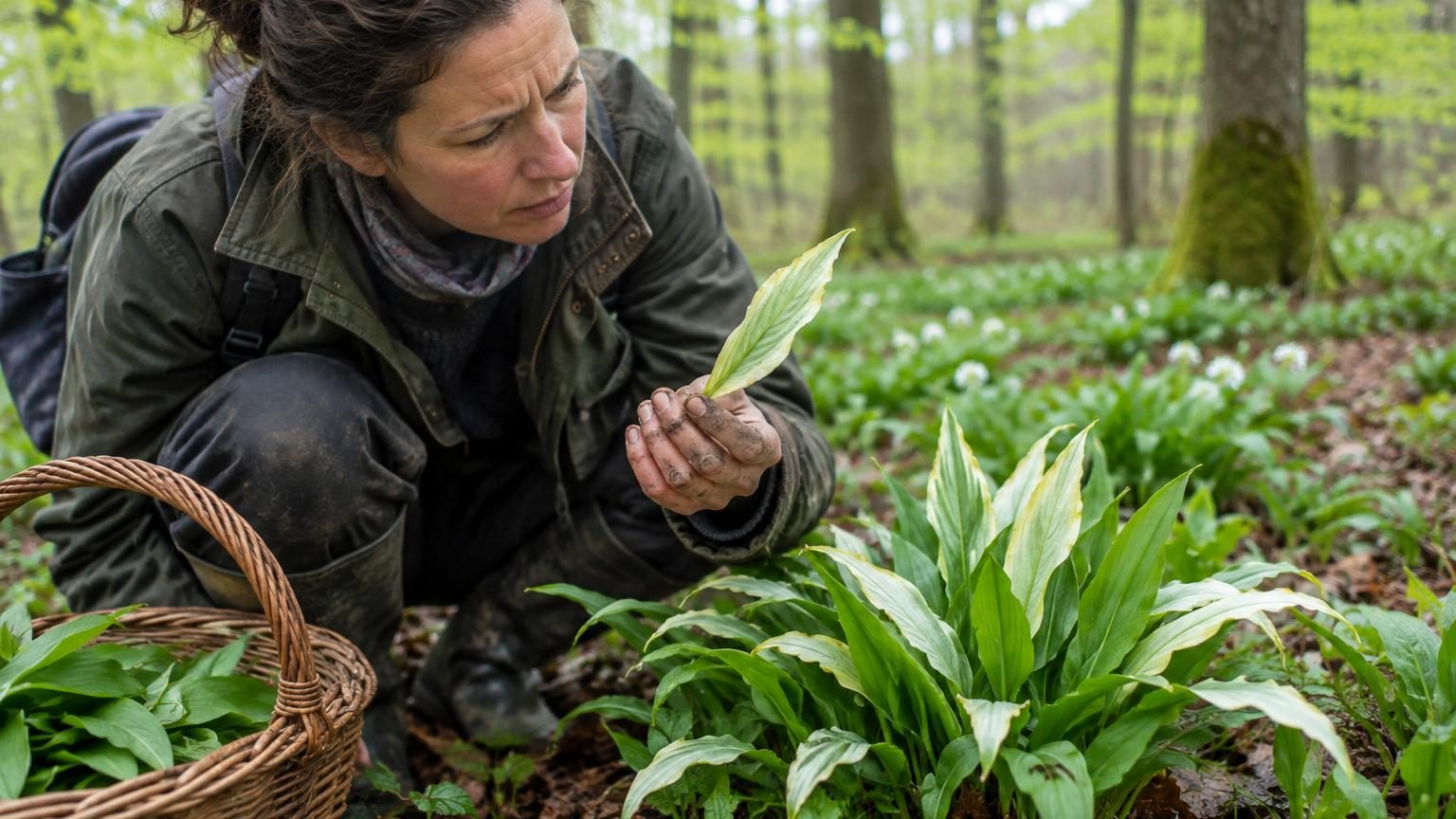 Gros plan de feuilles d'ail des ours affichant des tâches blanches et un feutrage grisâtre sur la surface, parmi des feuilles vertes saines dans un sous-bois humide du printemps.