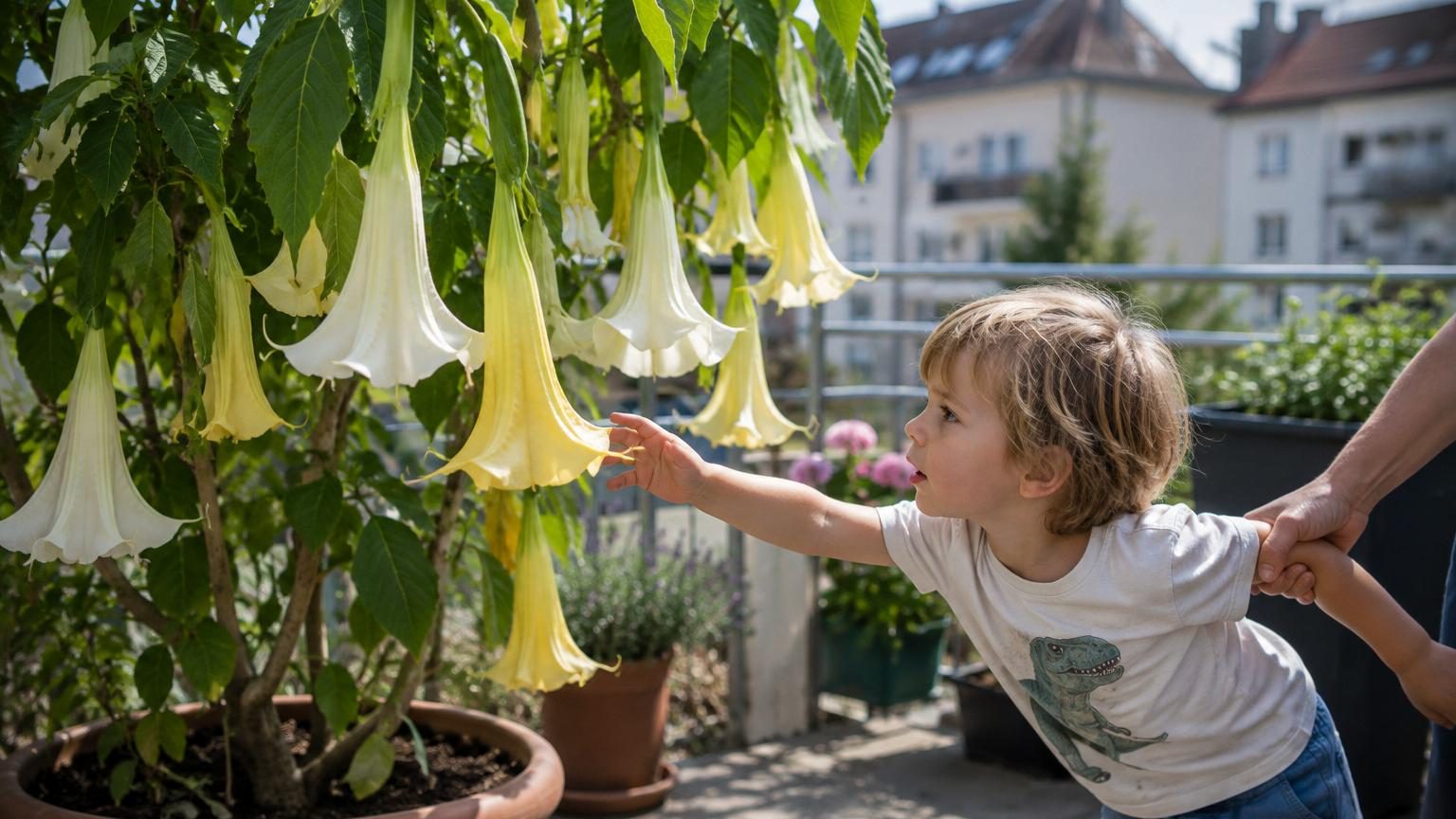 Fleurs blanches, jaunes ou roses en forme de trompettes pendantes sur une plante ornementale cultivée en pot sur une terrasse ensoleillée