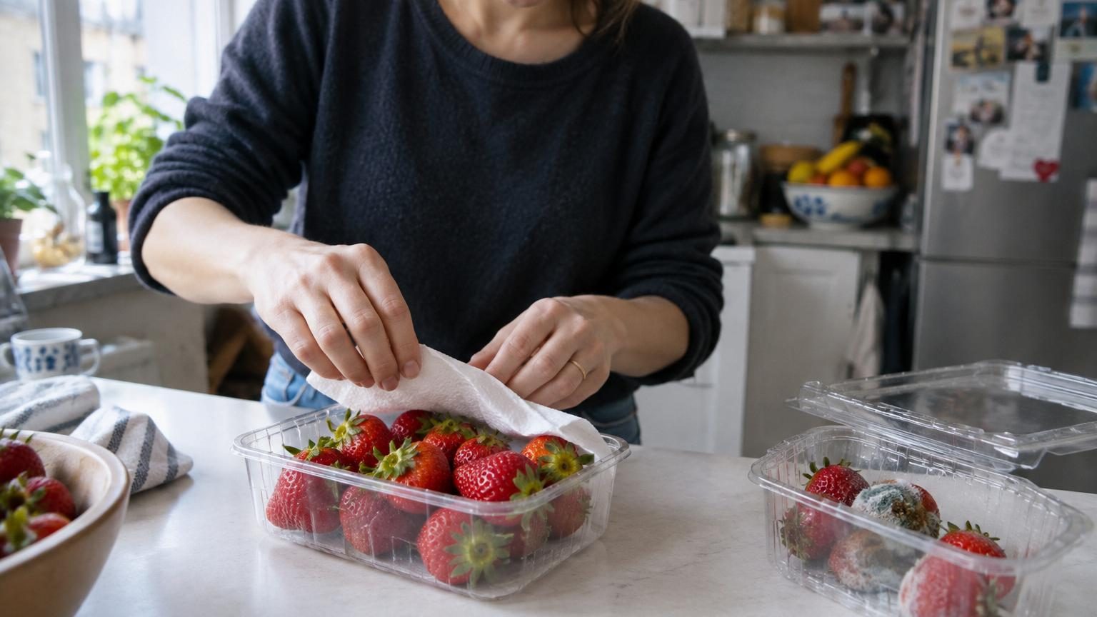 Barquette de fraises fraîches avec feuille de papier absorbant blanc entre les fruits et le fond du contenant, pour absorber l'humidité.