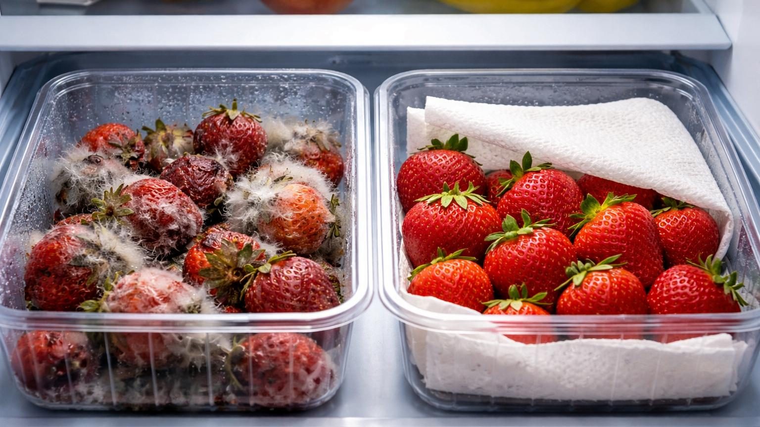 Barquette de fraises rouges fraîches avec une feuille de papier absorbant blanc au fond et une autre feuille sur le dessus, posée dans un réfrigérateur.
